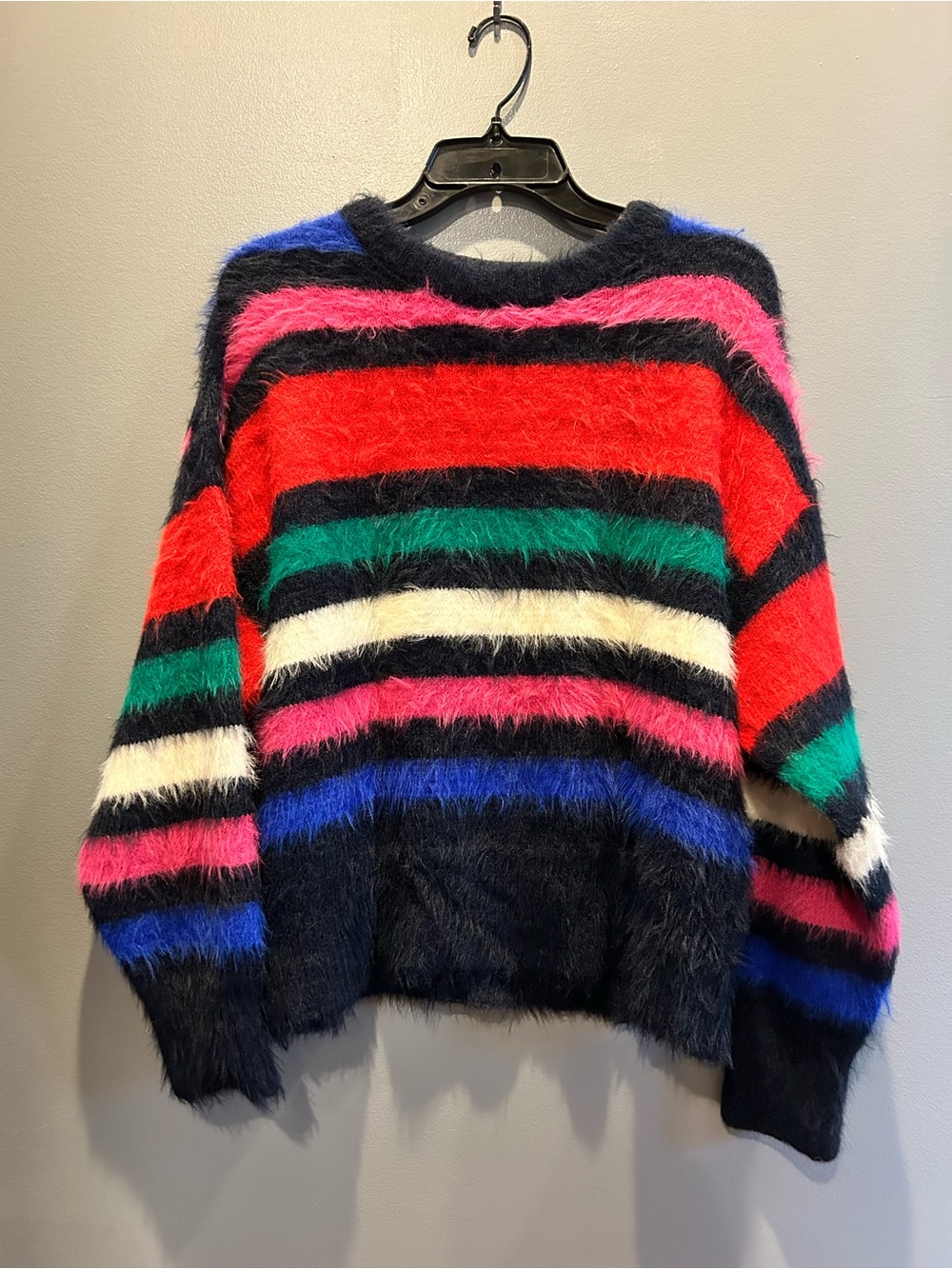 a new day Fuzzy Striped Crewneck Sweater in Red, Pink, Green, Blue, Black, Cream
